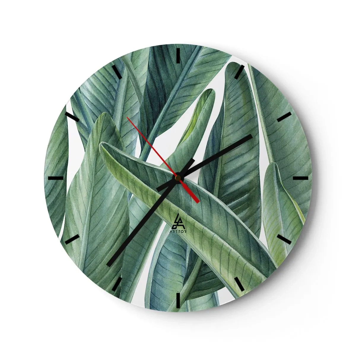 Relógio de parede - Relógio em vidro - Ilustração de folhas verdes sobre fundo claro - 30x30cm - O próprio verde - Decoração de parede moderna para a sala de estar, cozinha e quarto ARTTOR