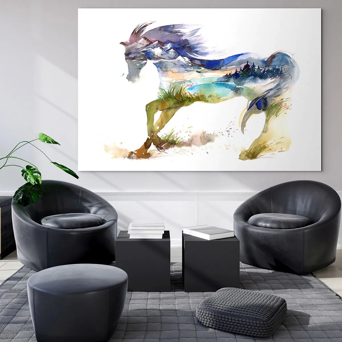 Quadro em vidro - Aquarela de um cavalo com uma paisagem de montanha em silhueta - 70x50cm - Do prado direto para o céu - Decoração de parede moderna para a sala de estar e quarto ARTTOR