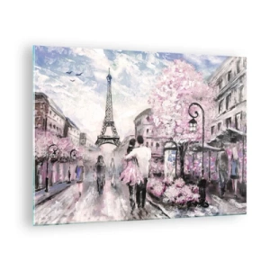 Quadro em vidro - Casal romântico em Paris com a Torre Eiffel ao fundo - 70x50cm - Como for se apaixonar, somente em... - Decoração de parede moderna para a sala de estar e quarto ARTTOR