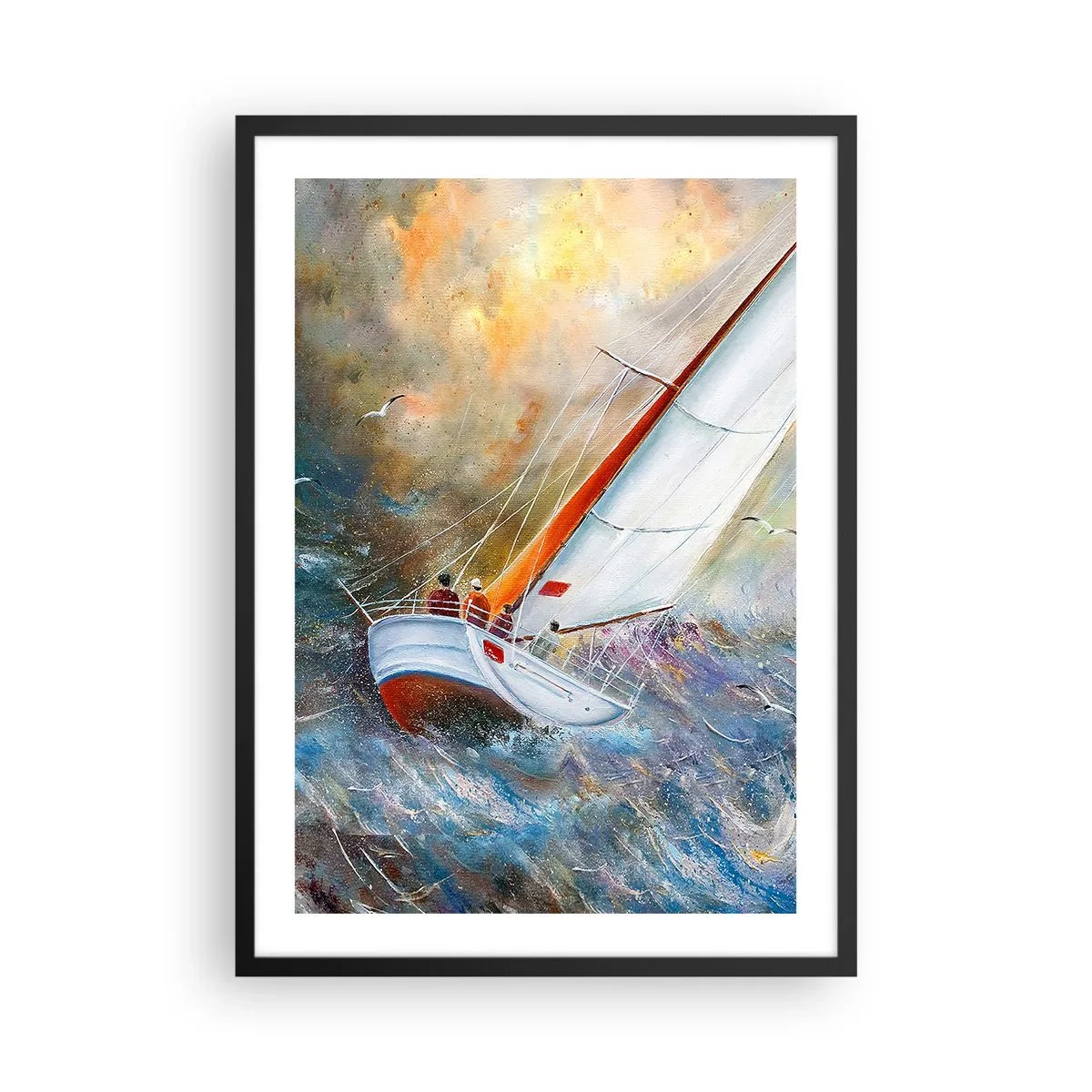Pôster com moldura preta - Um iate navegando em um mar tempestuoso em uma paisagem pitoresca - 50x70cm - Correr sobre as ondas - Decoração de parede moderna para a sala de estar e quarto ARTTOR