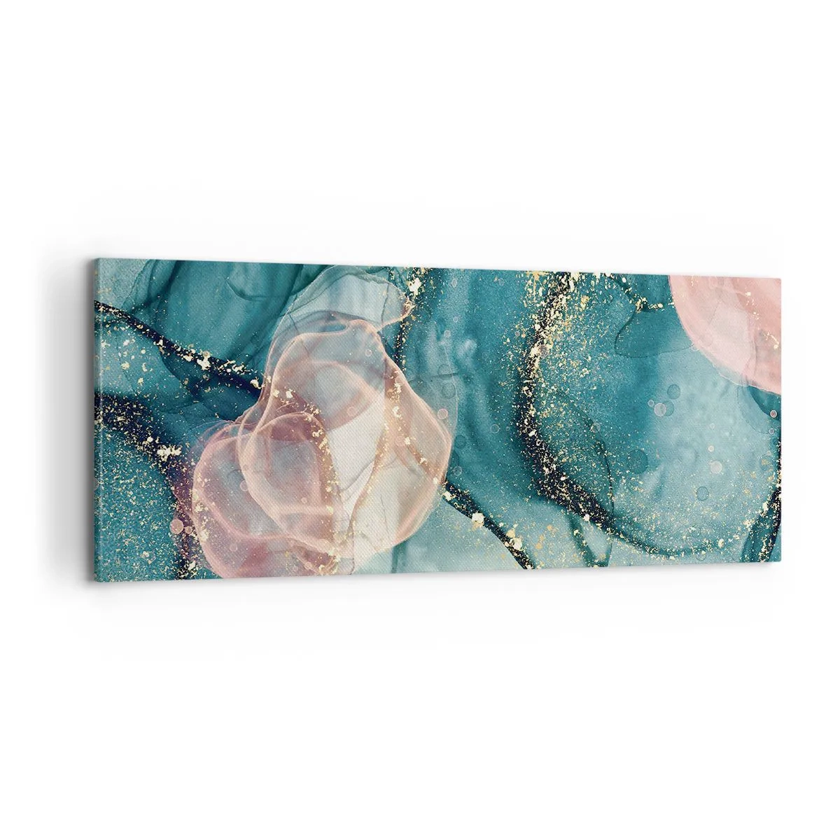 Quadro em tela - Azul seda, rosa tule - 100x40 cm