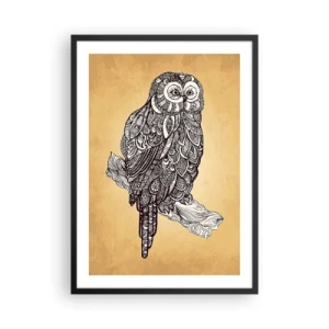 Pôster com moldura preta - Uma coruja estilizada com um padrão ornamental sobre um fundo bege. - 50x70cm - Ornamentos intrincados de sabedoria - Decoração de parede moderna para a sala de estar e quarto ARTTOR
