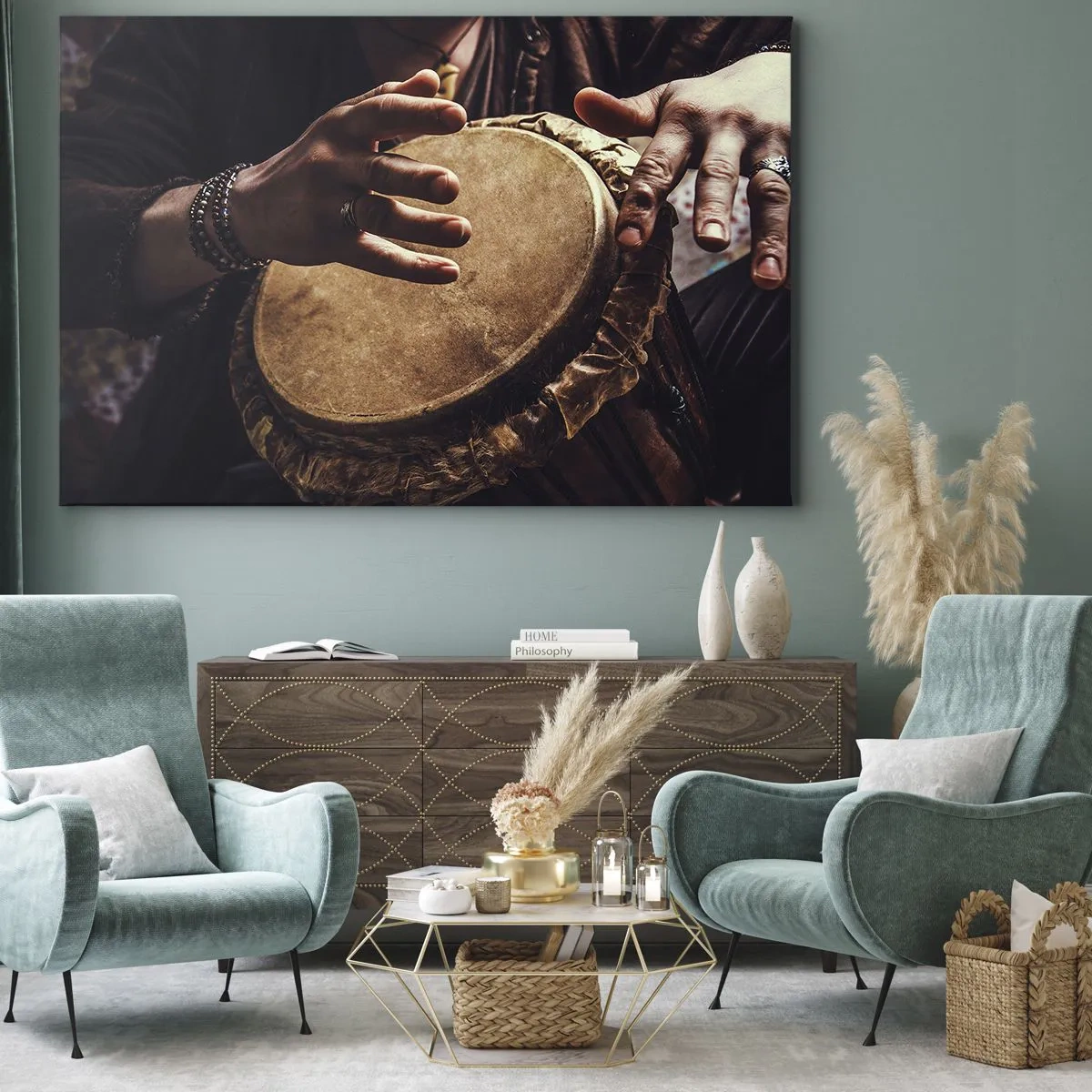 Quadro em tela - Mãos tocando um tambor djembê tradicional - 70x50cm - No ritmo do coração - Decoração de parede moderna para a sala de estar e quarto ARTTOR
