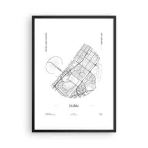 Pôster com moldura preta - Mapa minimalista em preto e branco de Dubai - 50x70cm - Anatomia de Dubai - Decoração de parede moderna para a sala de estar e quarto ARTTOR