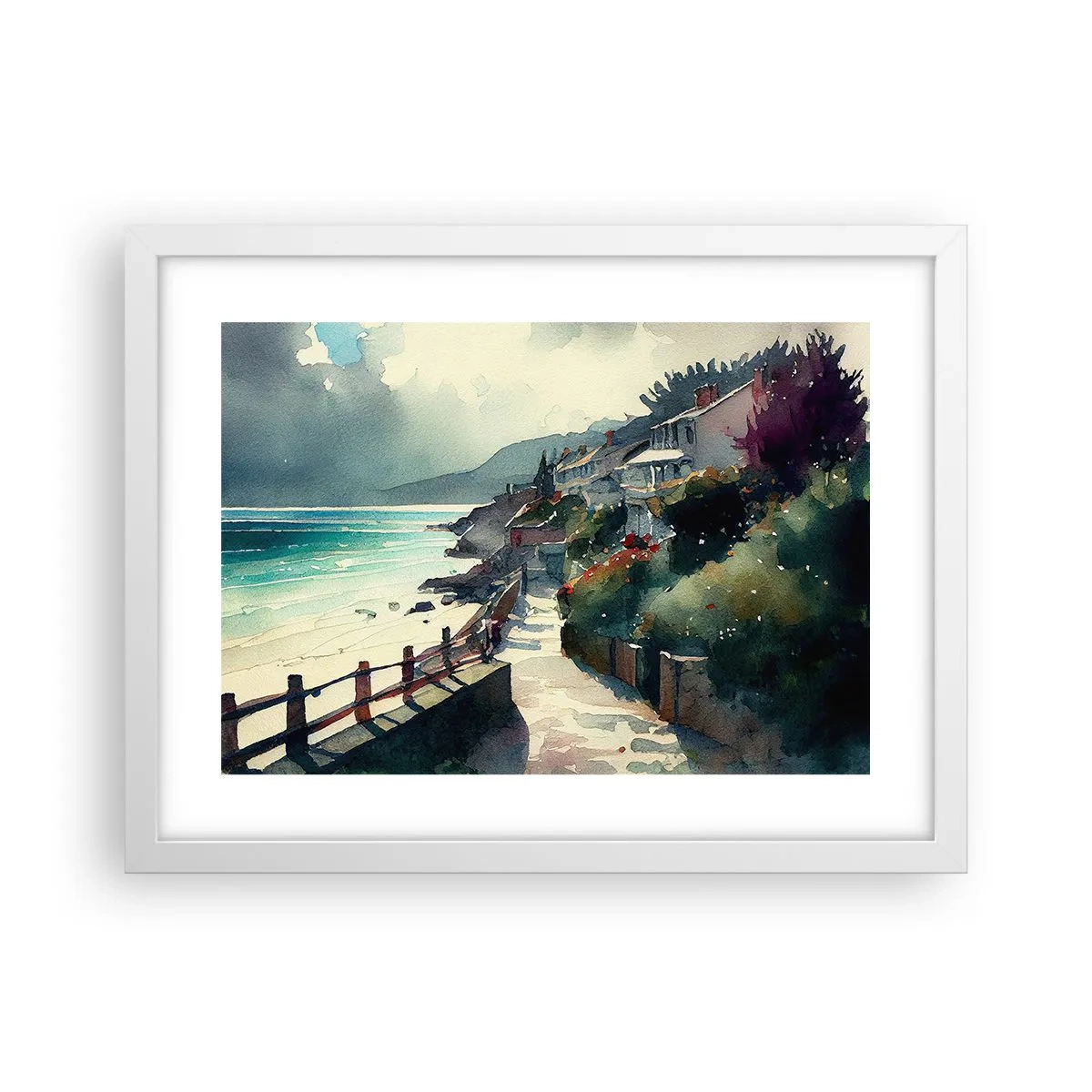 Pôster em moldura branca - Cidade mediterrânea - 40x30 cm