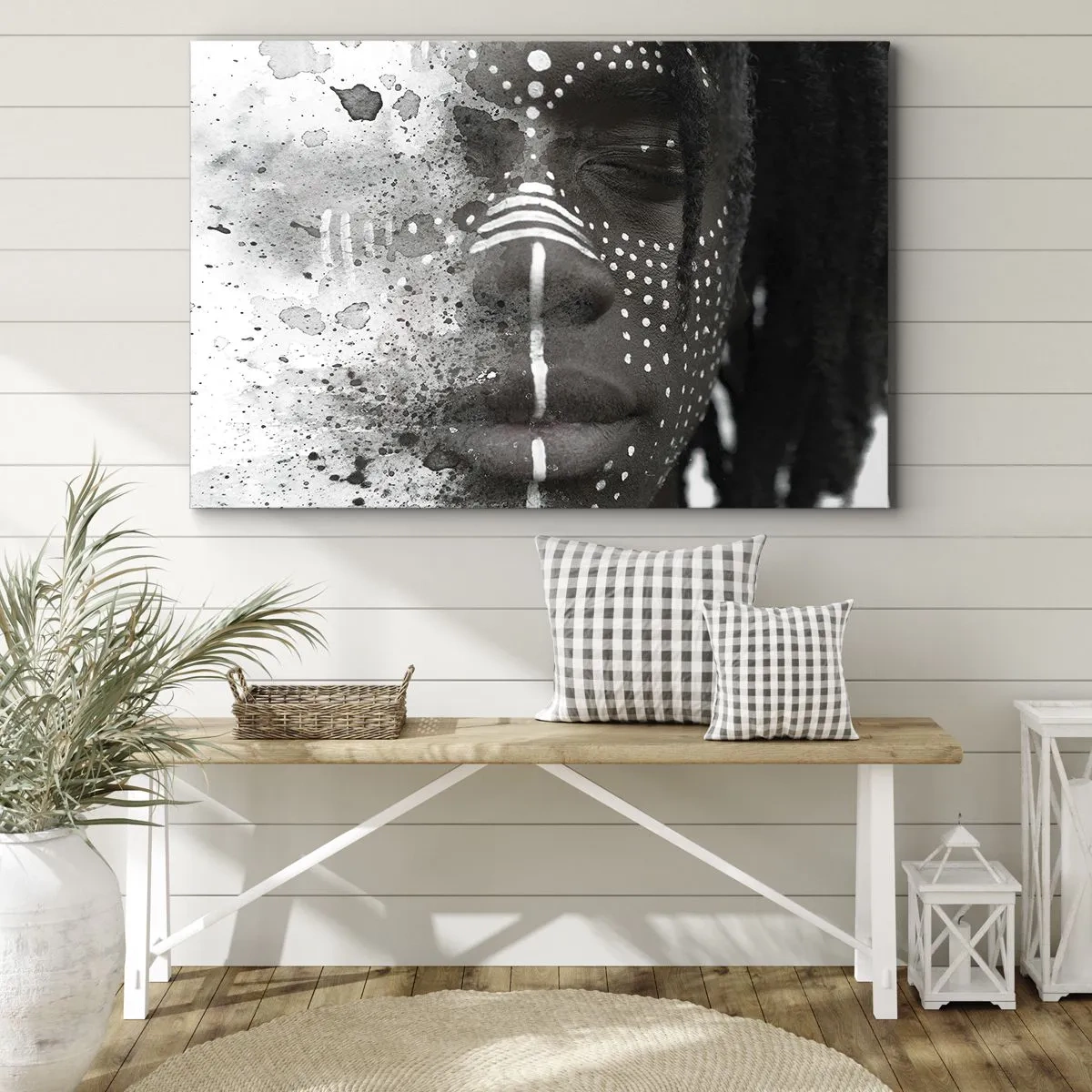 Quadro em tela - Retrato artístico de rosto com padrões brancos abstratos - 70x50cm - Descubra o espírito primordial - Decoração de parede moderna para a sala de estar e quarto ARTTOR