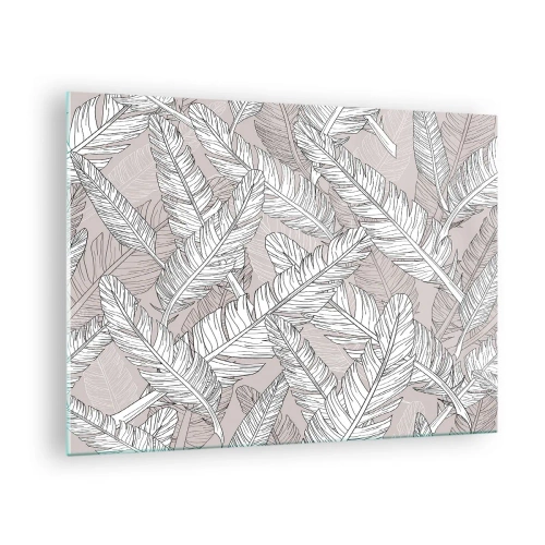 Quadro em vidro - Folhas pretas e brancas sobre fundo bege em estilo gráfico - 70x50cm - Turbilhão de penas - Decoração de parede moderna para a sala de estar e quarto ARTTOR