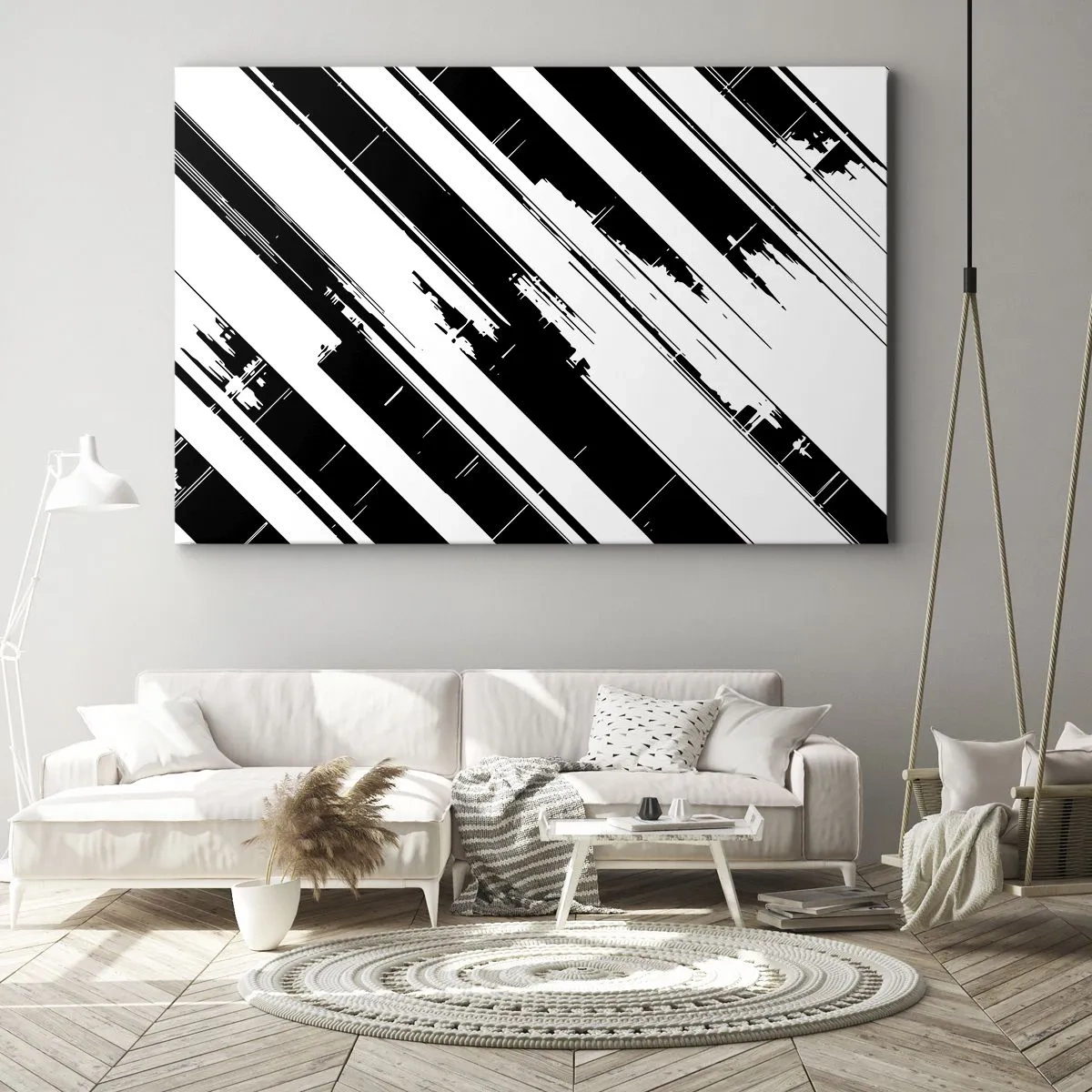 Quadro em tela - Linhas pretas e brancas e padrões geométricos em um estilo moderno - 70x50cm - Uma composição intensa e dinâmica - Decoração de parede moderna para a sala de estar e quarto ARTTOR