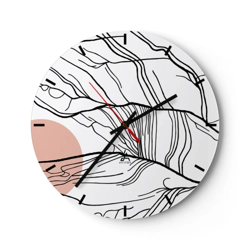 Relógio de parede - Relógio em vidro - Linhas pretas artísticas que lembram galhos em um fundo branco - 30x30cm - Numa rede de galhos - Decoração de parede moderna para a sala de estar, cozinha e quarto ARTTOR