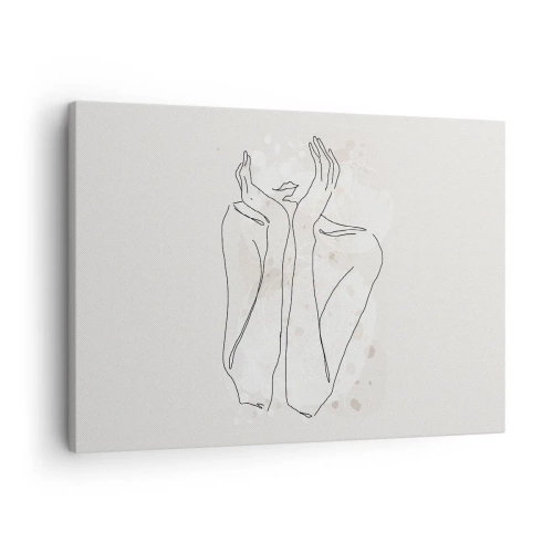 Quadro em tela - Linha de contorno mostrando as mãos da mulher em um fundo claro - 70x50cm - Momento de sonho - Decoração de parede moderna para a sala de estar e quarto ARTTOR