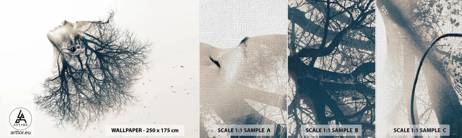 Amostra de papel de parede Premium Canvas - Ouvir o sussurro da árvore - Abstração, Rosto de mulher, Árvore - 100x30 cm