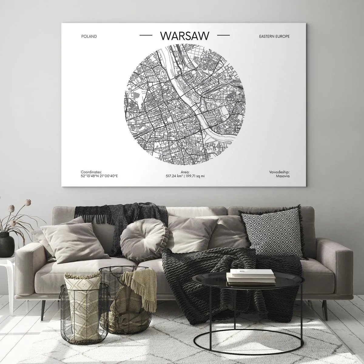 Quadro em vidro - Mapa de Varsóvia em forma de ilustração gráfica - 70x50cm - Anatomia de Varsóvia - Decoração de parede moderna para a sala de estar e quarto ARTTOR