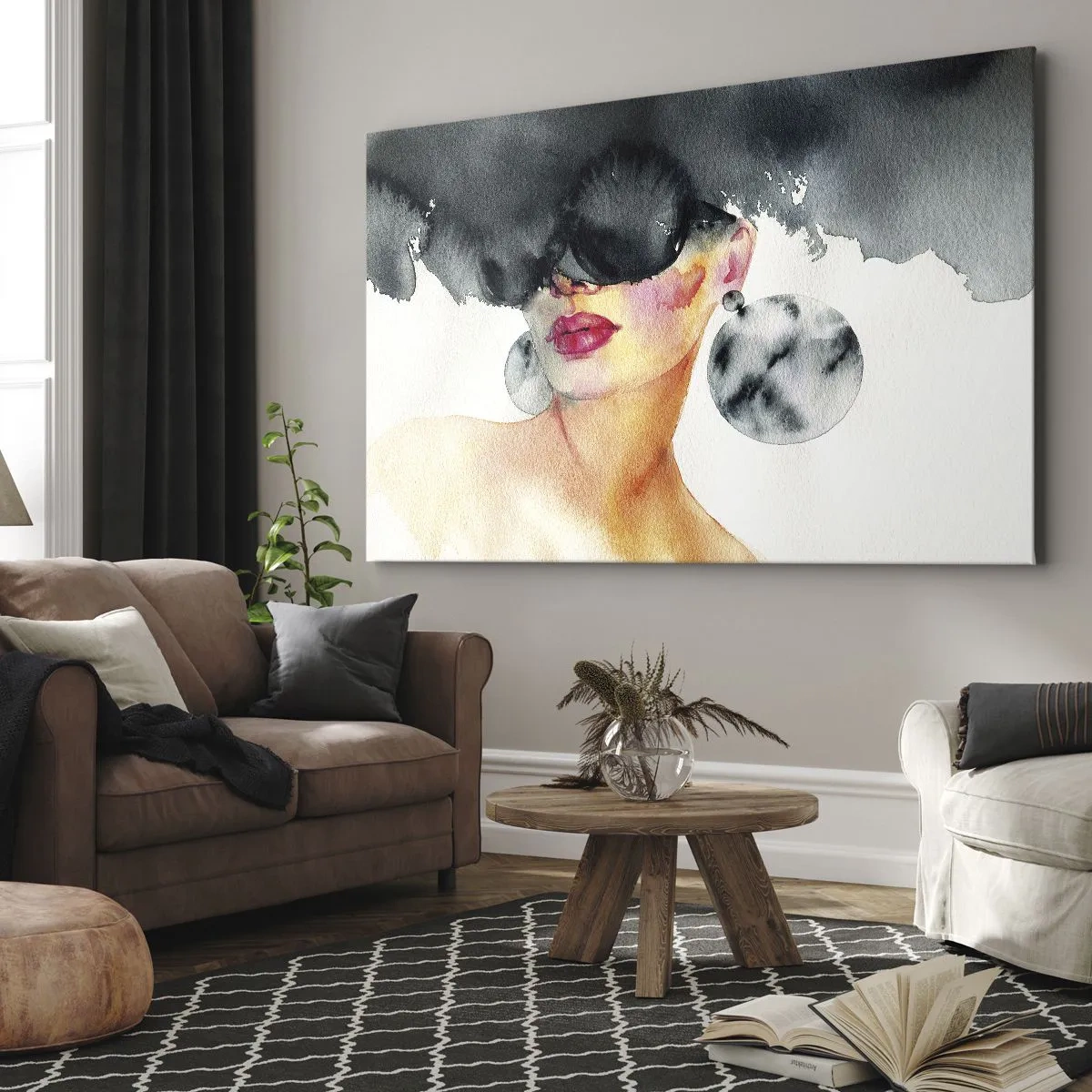 Quadro em tela - Uma mulher usando óculos estilosos e brincos grandes - 70x50cm - O segredo da elegância - Decoração de parede moderna para a sala de estar e quarto ARTTOR