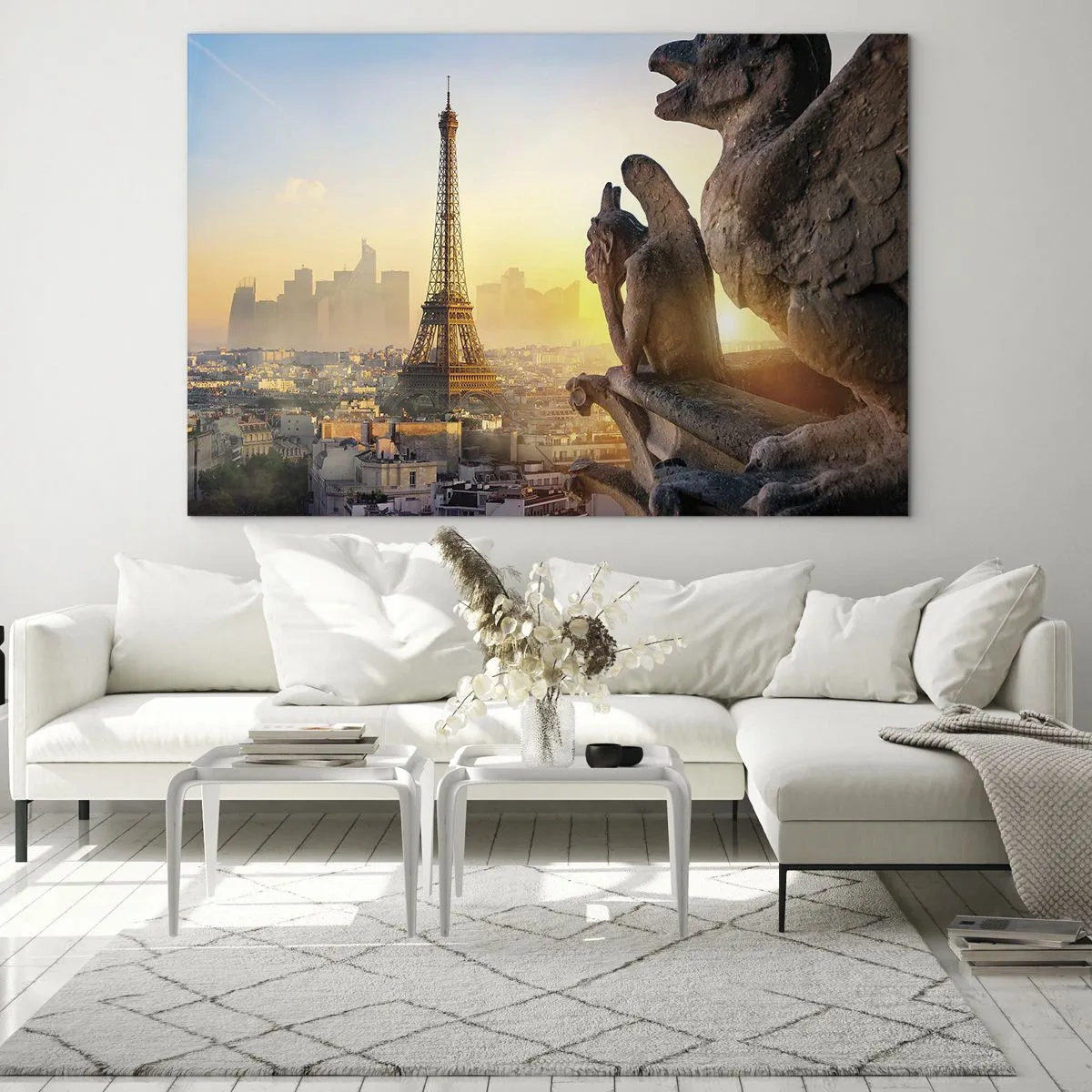 Quadro em vidro - A Torre Eiffel na neblina da manhã, com vista para Paris e esculturas góticas - 70x50cm - Muita coisa mudou... - Decoração de parede moderna para a sala de estar e quarto ARTTOR