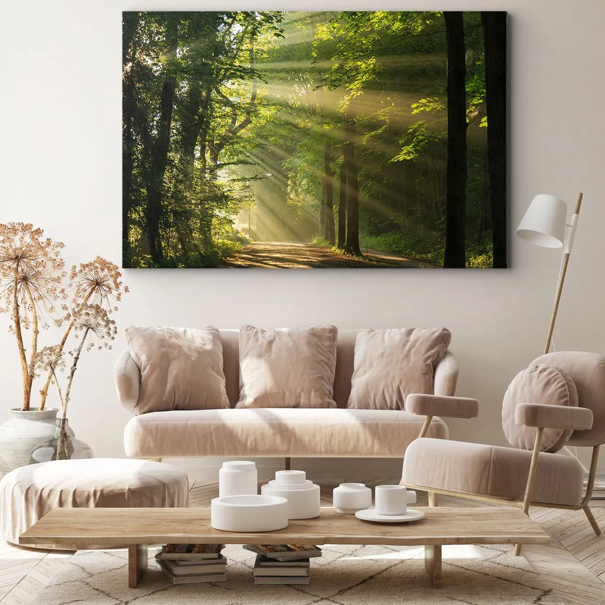 Quadro em tela - Caminho na floresta com raios de sol brilhando através das árvores - 70x50cm - Momento florestal - Decoração de parede moderna para a sala de estar e quarto ARTTOR