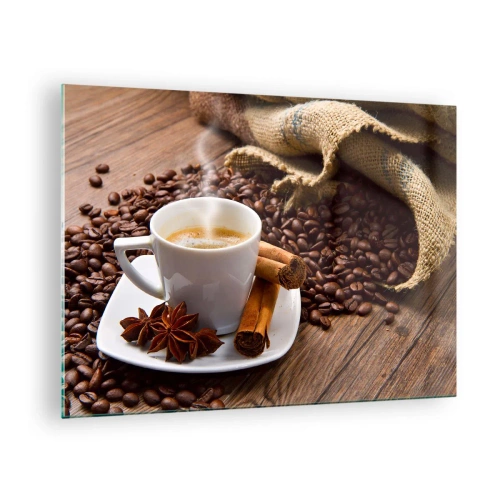 Quadro em vidro - Uma xícara de café com canela e grãos de café sobre uma mesa de madeira - 70x50cm - Sabor e aroma picantes - Decoração de parede moderna para a sala de estar e quarto ARTTOR