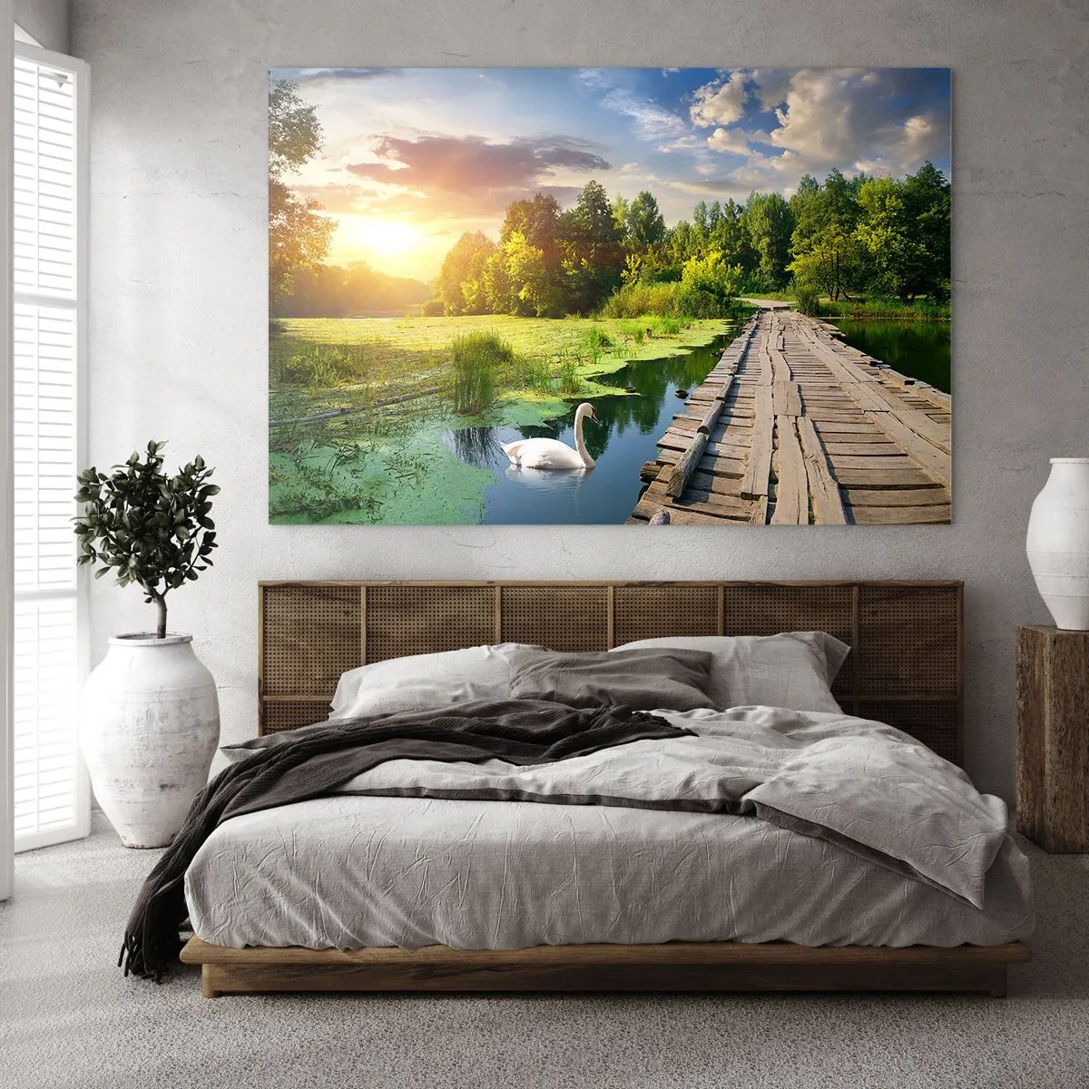Quadro em vidro - Cais de madeira sobre um lago com um cisne ao pôr do sol - 70x50cm - Verão em todos os lugares - Decoração de parede moderna para a sala de estar e quarto ARTTOR