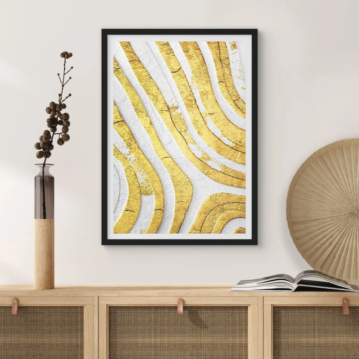 Pôster com moldura preta - Linhas douradas em um fundo branco em um estilo abstrato - 50x70cm - Composição a branco e ouro - Decoração de parede moderna para a sala de estar e quarto ARTTOR