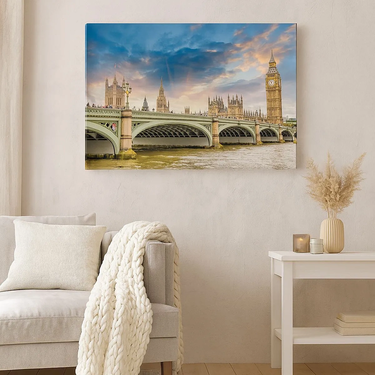 Quadro em tela - O Big Ben e a Ponte de Westminster contra o céu ao entardecer - 70x50cm - O tempo parou no Império - Decoração de parede moderna para a sala de estar e quarto ARTTOR