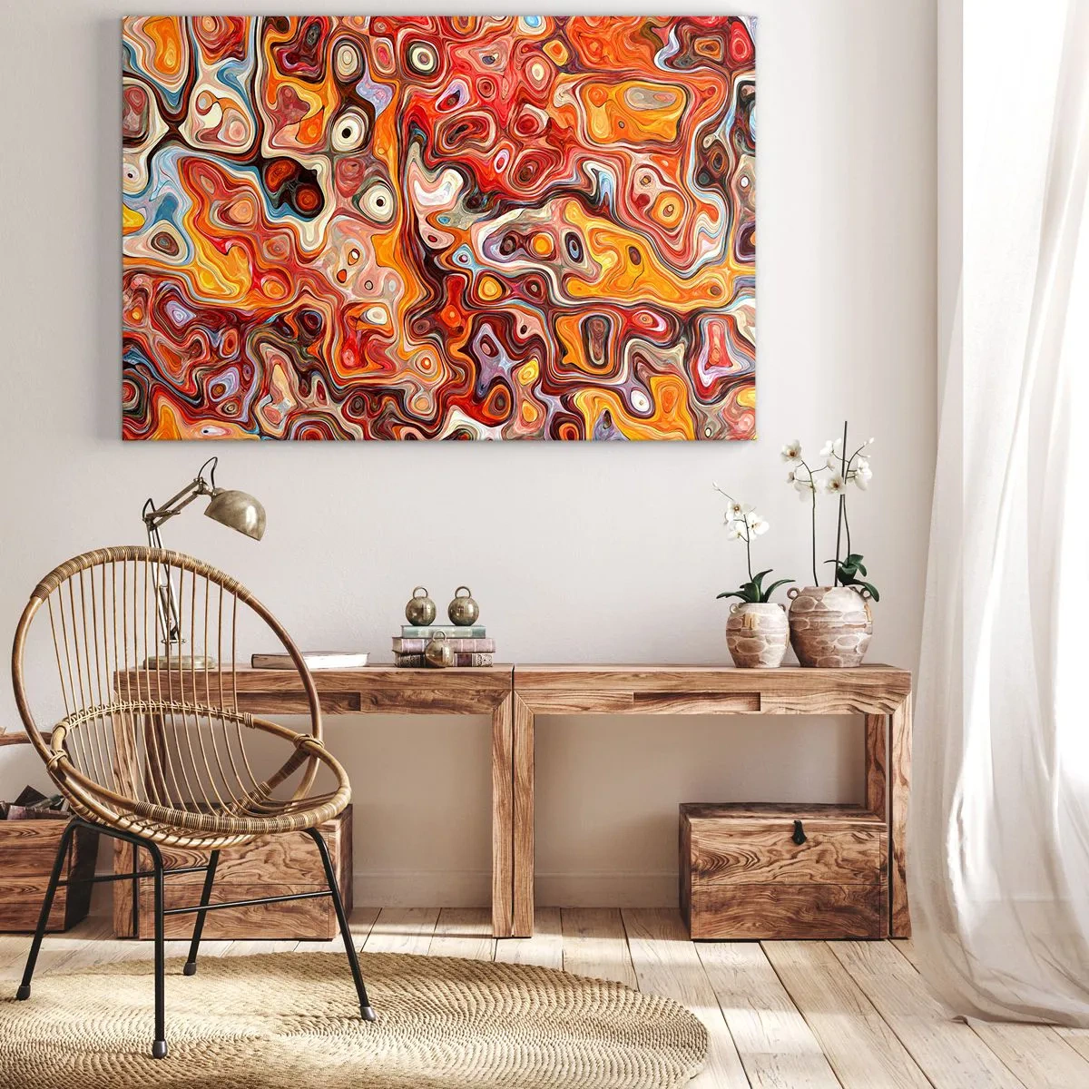 Quadro em tela - Uma composição abstrata em tons quentes de vermelho, laranja e amarelo. - 70x50cm - Se as nozes tivessem derretido no mel - Decoração de parede moderna para a sala de estar e quarto ARTTOR