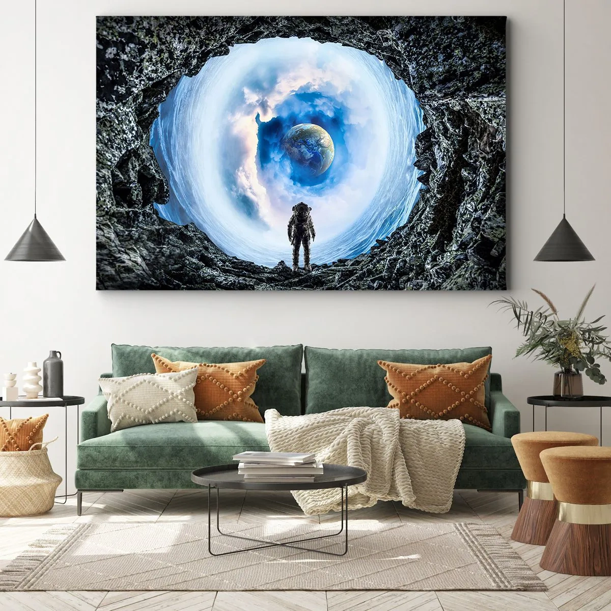 Quadro em tela - Astronauta em uma paisagem espacial com a Terra ao fundo - 70x50cm - Não muito longe de casa - Decoração de parede moderna para a sala de estar e quarto ARTTOR
