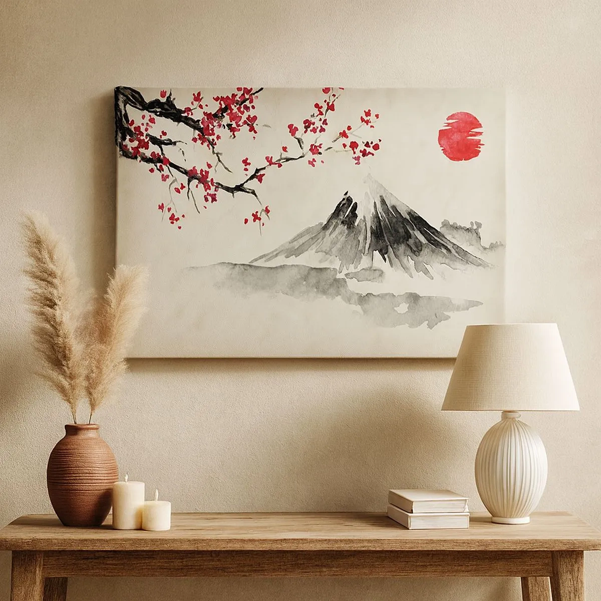 Quadro em tela - Uma paisagem pitoresca com uma montanha, flores de cerejeira e sol - 70x50cm - Ame o Japão - Decoração de parede moderna para a sala de estar e quarto ARTTOR