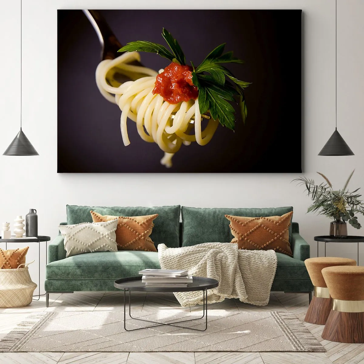 Quadro em tela - Macarrão espaguete no garfo com molho de tomate e salsa - 70x50cm - Saborosa mordida - Decoração de parede moderna para a sala de estar e quarto ARTTOR