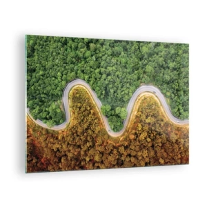 Quadro em vidro - Uma estrada sinuosa através de uma floresta densa vista de um pássaro - 70x50cm - Fronteiras e descobertas - Decoração de parede moderna para a sala de estar e quarto ARTTOR