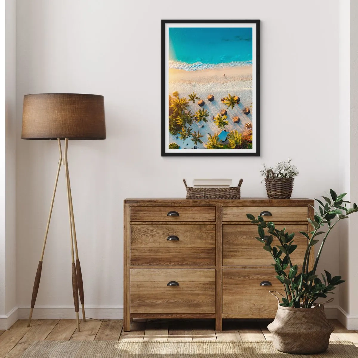 Pôster com moldura preta - Vista aérea de uma praia paradisíaca com palmeiras e águas azul-turquesa - 50x70cm - Bem vindo ao Paraíso - Decoração de parede moderna para a sala de estar e quarto ARTTOR