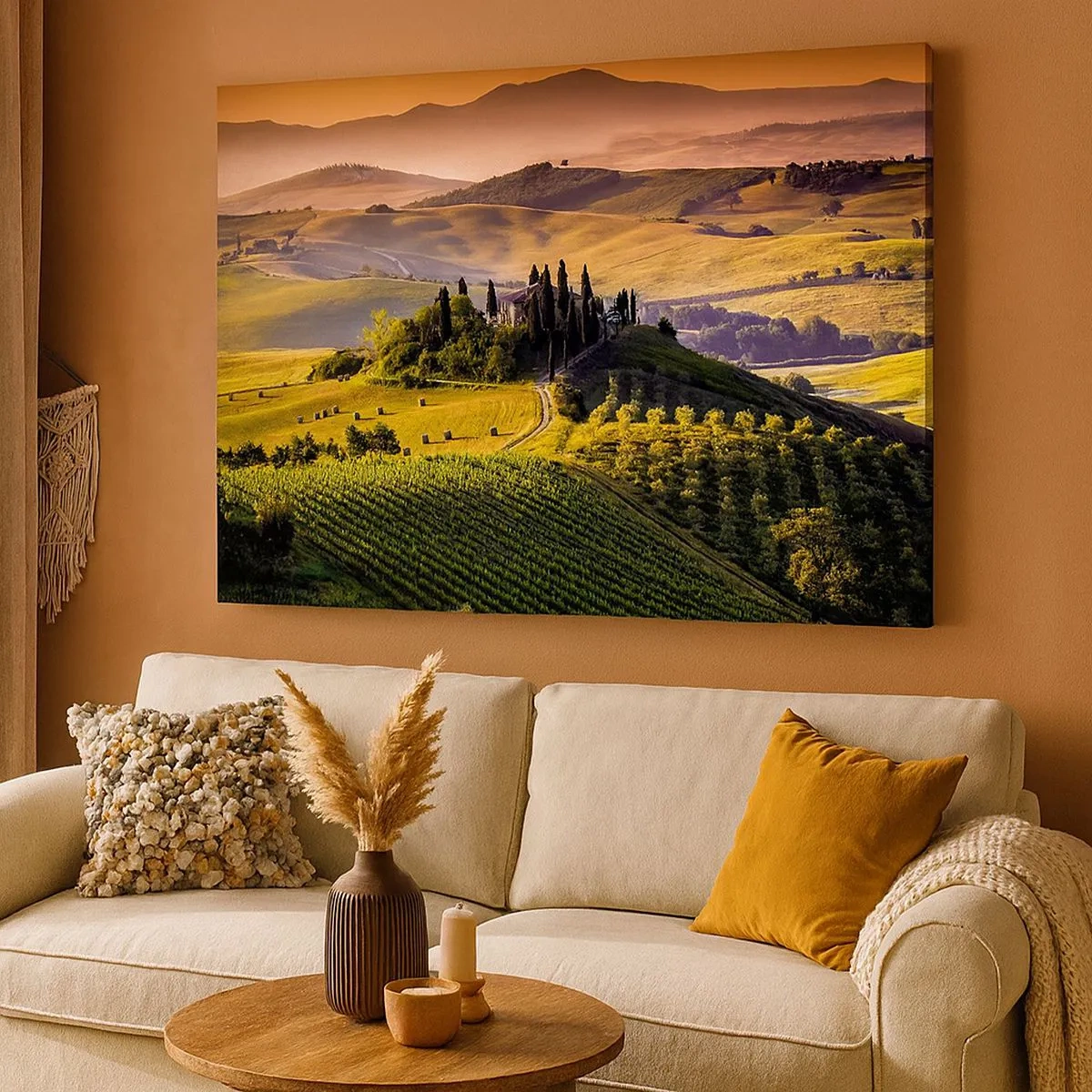 Quadro em tela - Paisagem toscana com vinhedos e uma casa em uma colina - 70x50cm - Arcádia - Paisagem toscana - Decoração de parede moderna para a sala de estar e quarto ARTTOR
