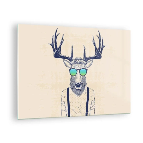 Quadro em vidro - Um cervo elegante com óculos de sol em um fundo claro - 70x50cm - E quem esperavas? - Decoração de parede moderna para a sala de estar e quarto ARTTOR