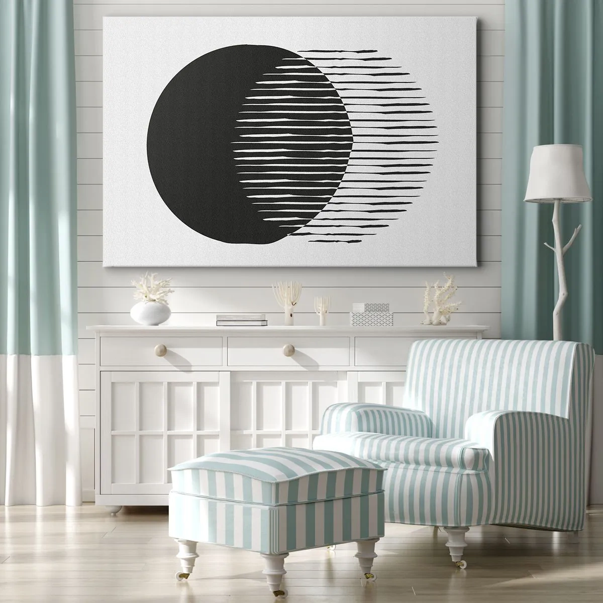 Quadro em tela - Dois círculos sobrepostos com linhas pretas e brancas - 70x50cm - Seu alter ego - Decoração de parede moderna para a sala de estar e quarto ARTTOR