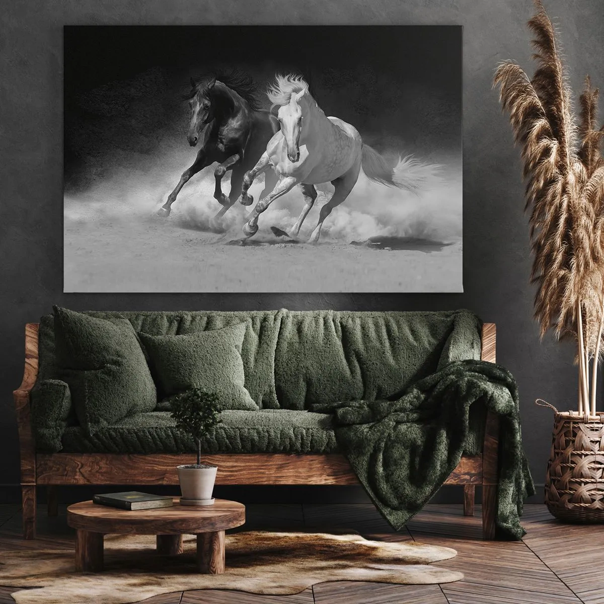 Quadro em tela - Cavalos correndo em preto e branco - 70x50cm - Galope da liberdade - Decoração de parede moderna para a sala de estar e quarto ARTTOR