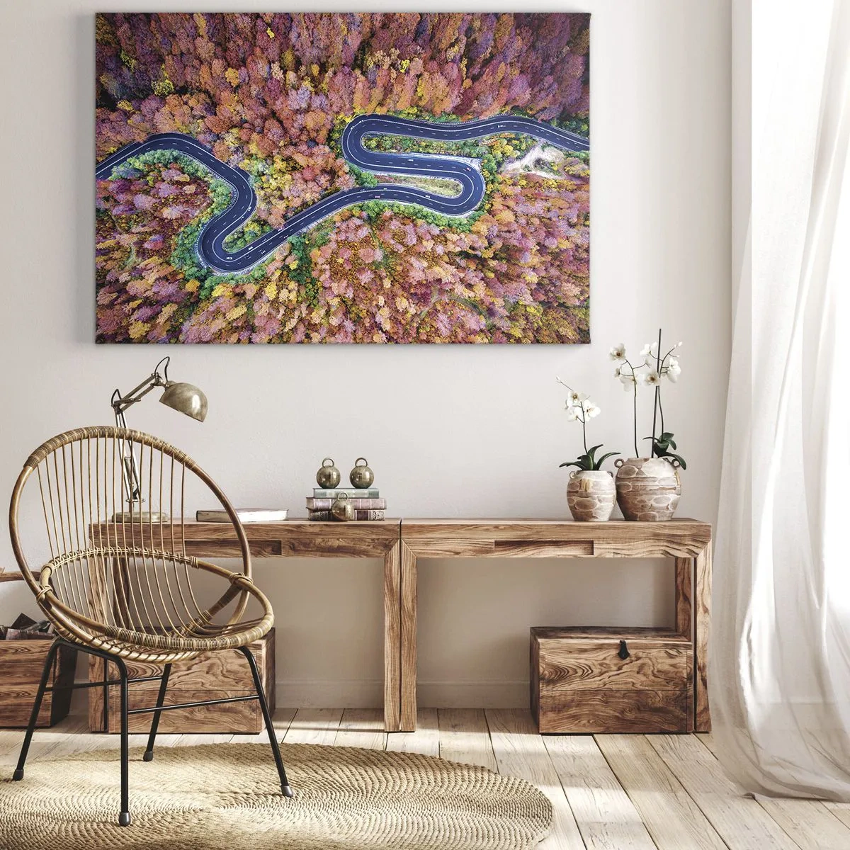 Quadro em tela - Uma estrada sinuosa em uma floresta de outono vista de um ponto de vista aéreo - 70x50cm - Estrada sinuosa pela floresta - Decoração de parede moderna para a sala de estar e quarto ARTTOR