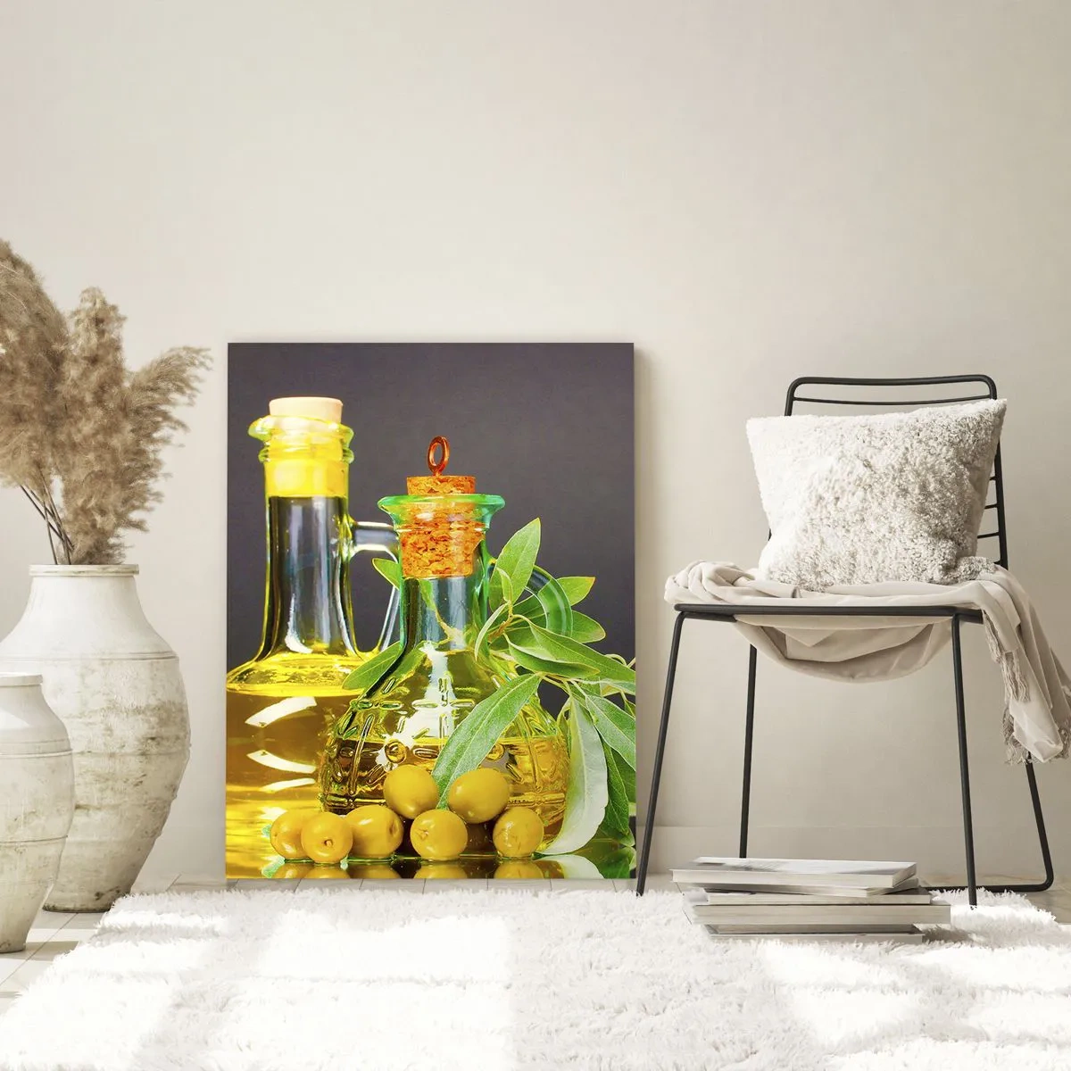 Quadro em vidro - Natureza morta com azeitonas e azeite - 70x100 cm