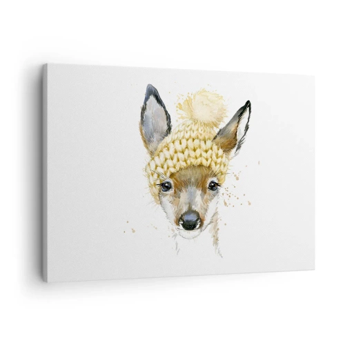 Quadro em tela - Veado aquarela com boné amarelo - 70x50cm - Para o inverno na floresta - Decoração de parede moderna para a sala de estar e quarto ARTTOR