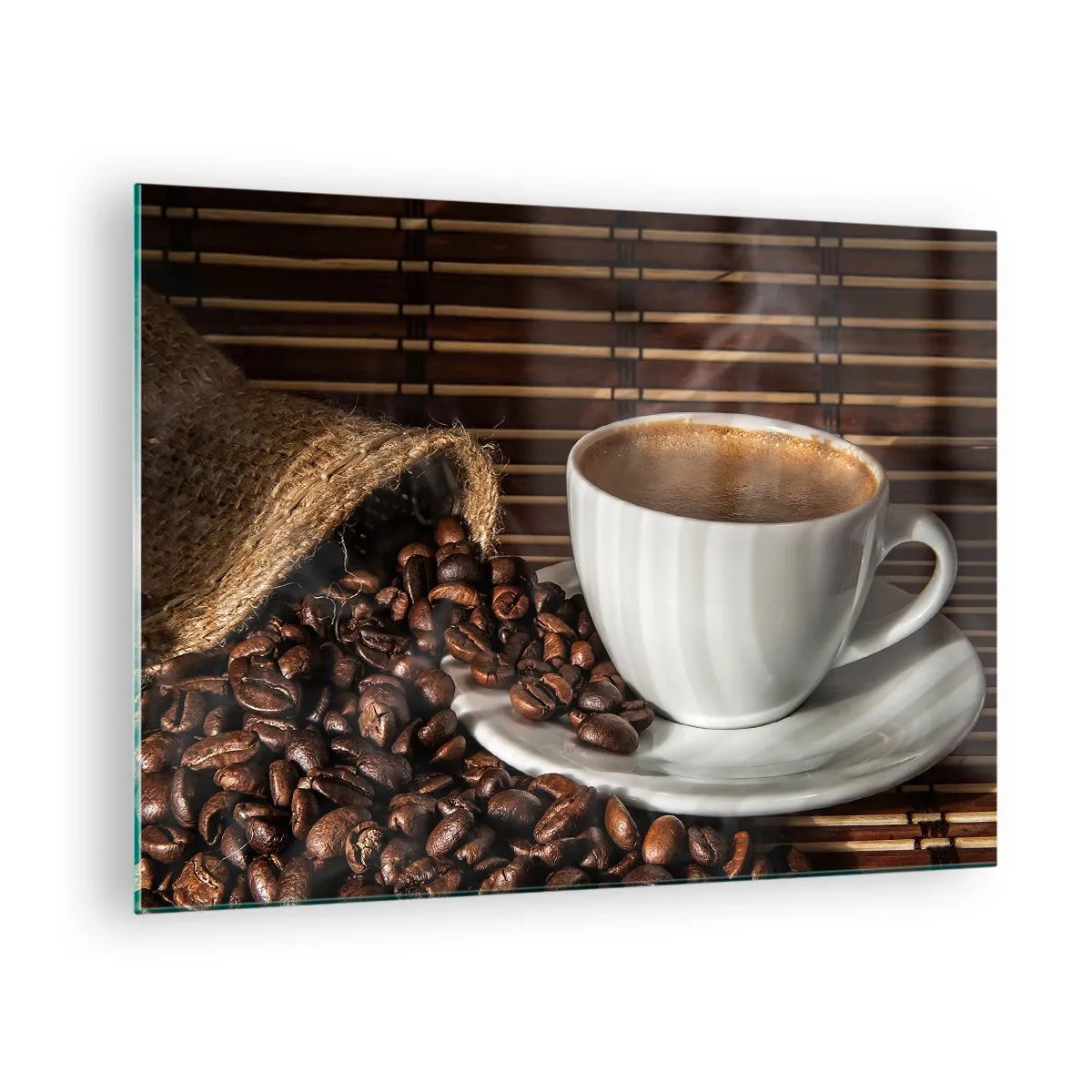 Quadro em vidro - Uma xícara de café com grãos em um fundo rústico - 70x50cm - A escuridão do carvão, a transparência do âmbar - Decoração de parede moderna para a sala de estar e quarto ARTTOR