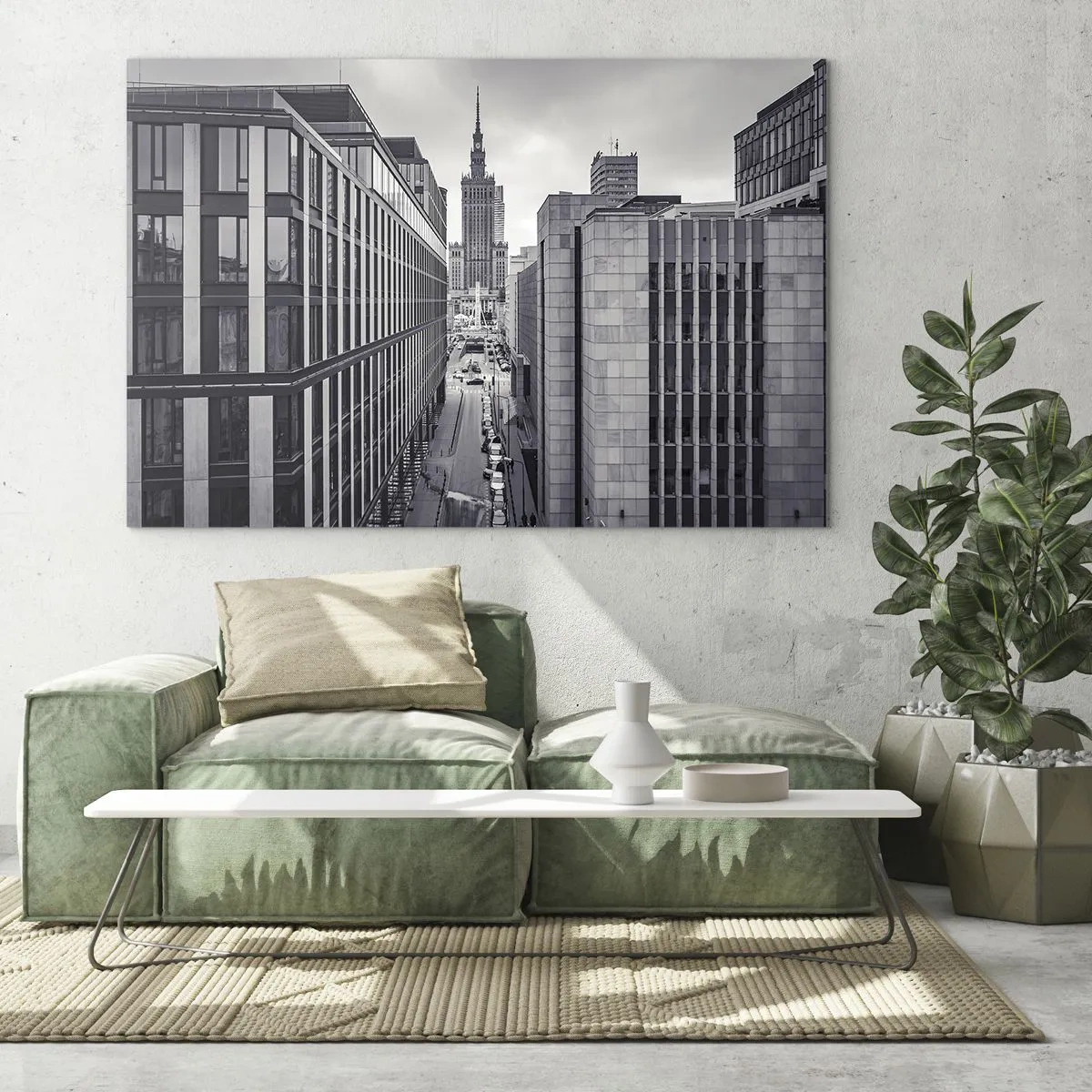 Quadro em vidro - Vista da cidade em preto e branco com arranha-céus e uma rua - 70x50cm - Vale de Varsóvia - Decoração de parede moderna para a sala de estar e quarto ARTTOR