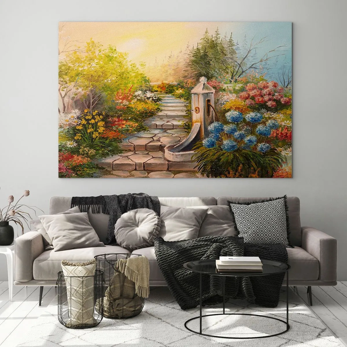 Quadro em vidro - Um jardim de flores com uma fonte em plena floração - 70x50cm - Em pleno florescimento - Decoração de parede moderna para a sala de estar e quarto ARTTOR