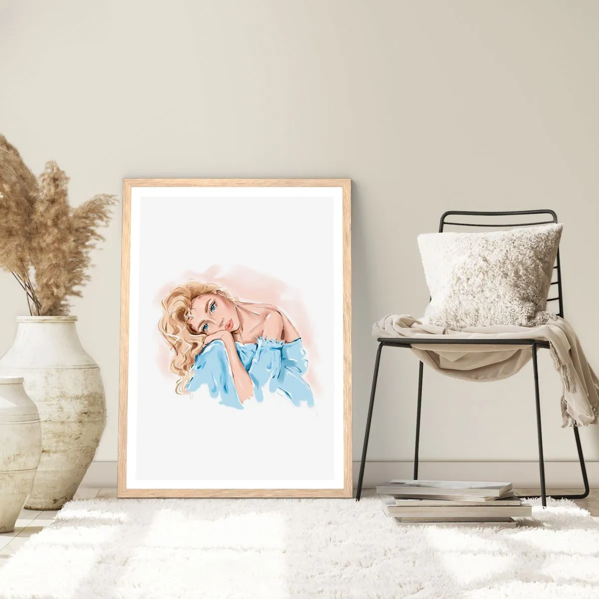 Pôster com moldura de carvalho claro - Sonhadora em azul - 50x70 cm