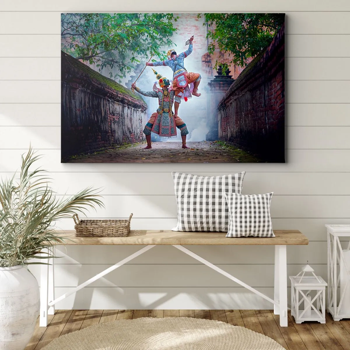 Quadro em tela - Dança tradicional em um ambiente histórico com muro e árvores - 70x50cm - Uma dança de beleza mortal - Decoração de parede moderna para a sala de estar e quarto ARTTOR