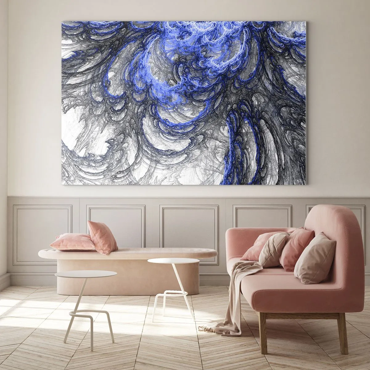 Quadro em vidro - Abstração dinâmica em tons de azul e cinza - 70x50cm - O nascimento de uma onda - Decoração de parede moderna para a sala de estar e quarto ARTTOR