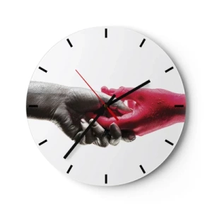 Relógio de parede - Relógio em vidro - Aperto de mão simbólico em preto e vermelho - 30x30cm - Juntos, mas diferentes - Decoração de parede moderna para a sala de estar, cozinha e quarto ARTTOR
