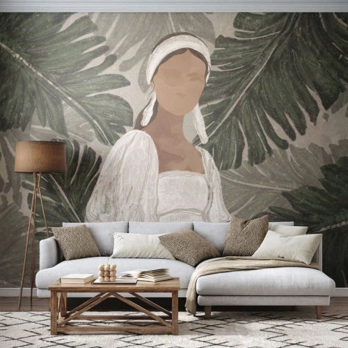 Papel de Parede Premium Sand - Retrato exótico - Boho, Mulher, Folhas - 100x70 cm