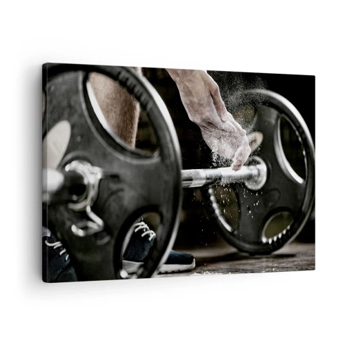 Quadro em tela - Halteres e mãos de um atleta se preparando para o treinamento - 70x50cm - Desafio aceite! - Decoração de parede moderna para a sala de estar e quarto ARTTOR
