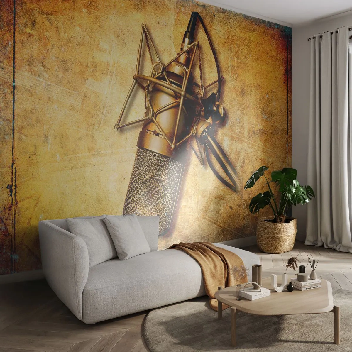 Papel de Parede Premium Sand - Os Anos Dourados da Rádio - Microfone, Música, Retrô - 100x70 cm