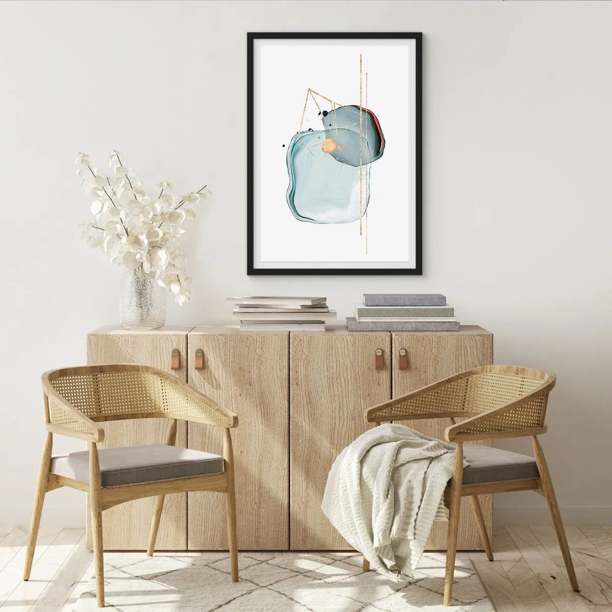 Pôster com moldura preta - Composição abstrata em aquarela com padrão geométrico dourado - 50x70cm - Um estudo sobre gotas - Decoração de parede moderna para a sala de estar e quarto ARTTOR