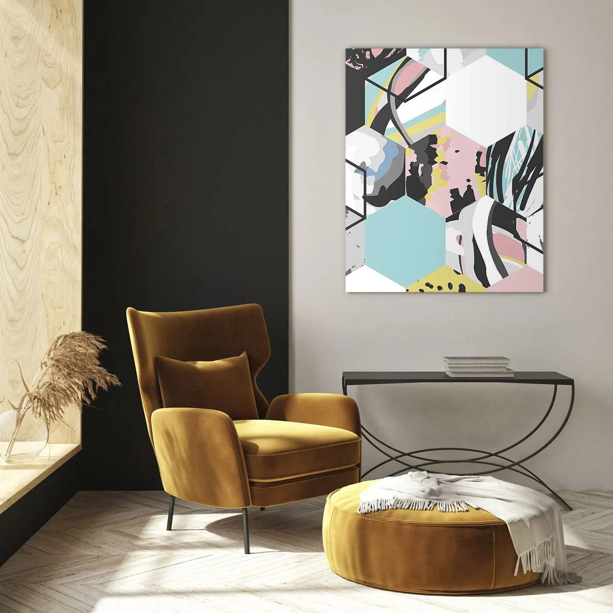 Quadro em vidro - Hexágonos e cubos em seis cores - 50x70 cm