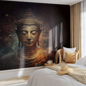 Papel de Parede Standard Eco - Uma estátua dourada de Buda sob uma luz mística contra um fundo escuro. - 100x70cm - Equilíbrio espiritual - Decoração de parede moderna para a sala de estar e quarto ARTTOR