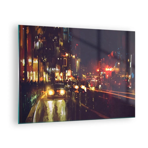 Quadro em vidro - Paisagem noturna da cidade com carros e postes de luz - 70x50cm - Imerso nas luzes da noite - Decoração de parede moderna para a sala de estar e quarto ARTTOR
